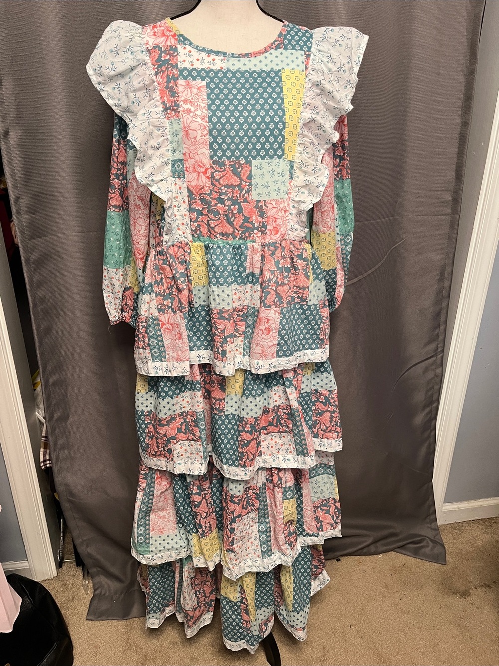 Simply Southern Patchwork Ruffle Maxi Dress - Teal, Pink & Yellow